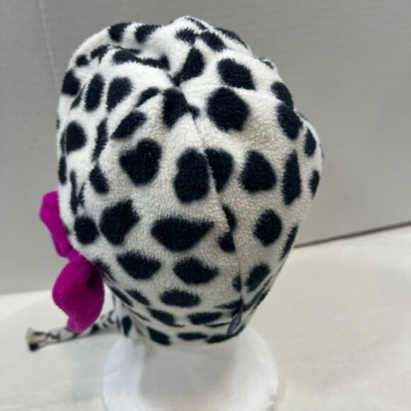 Lands' End White w/Black Spots Dalmatian Fleece Winter Hat w/Ties Pink Bow Med - Picture 3 of 16